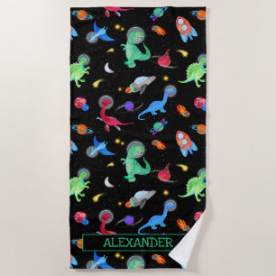 Toalha De Praia Astronautas Dinossauros Aquarela No Espaço Preto