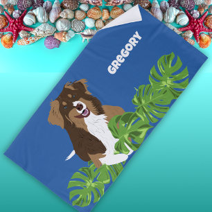 Toalha De Praia Aussies Australianos Shepherd Dog Folhas Tropicais