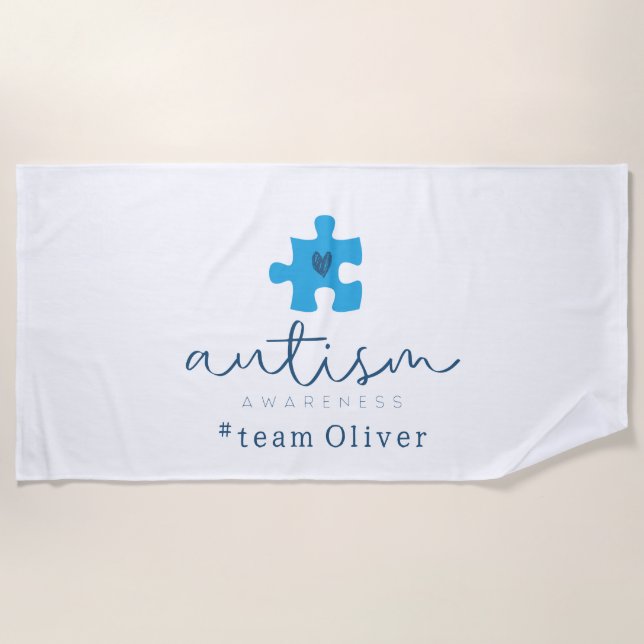 Toalha De Praia autism awareness blue puzzle piece #team name  (Frente)