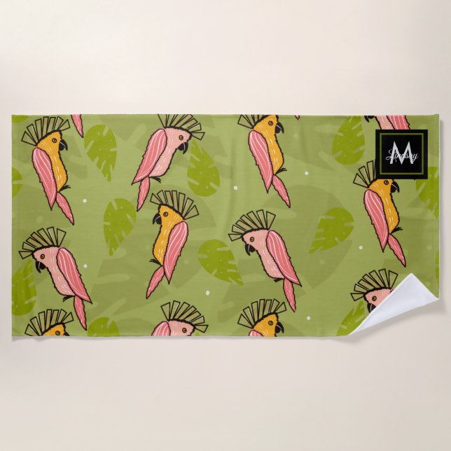 Toalha De Praia Aves de Cockatoo de Verão Monstera Greenery (Frente)