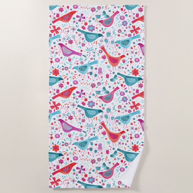Toalha De Praia Aves e Flores Modernas de Aquarelas (Frente)