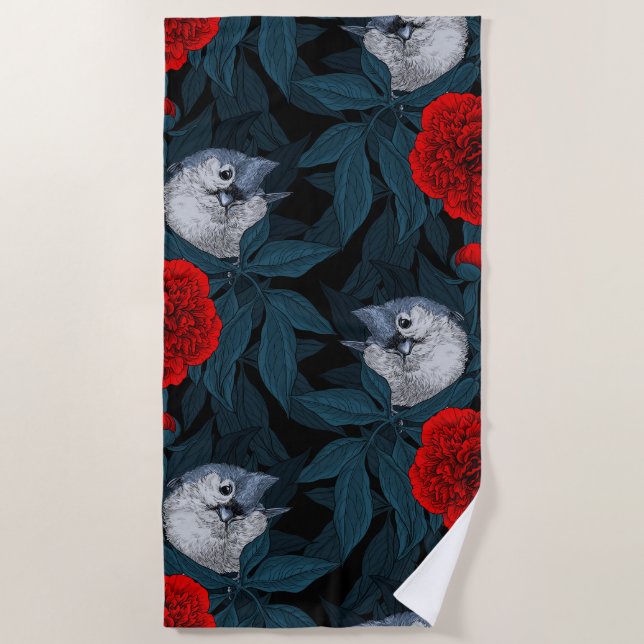 Toalha De Praia Aves e flores vermelhas de pénia com folhas azuis (Frente)