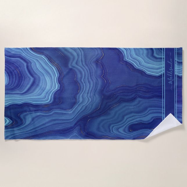 Toalha De Praia Azul Agate Marble, nome monograma, Beach Towel (Frente)