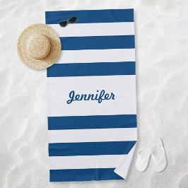 Toalha De Praia Azul Chic e Listras Brancas Personalizado