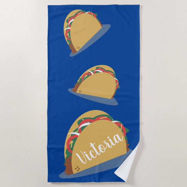 Toalha de Praia Azul com Nome Flutuante de Taco (Frente)