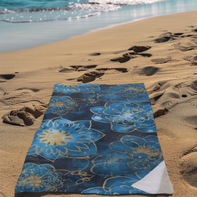 Toalha De Praia Azul Elegante e Dourado Floral - Na moda botânico (Criador carregado)
