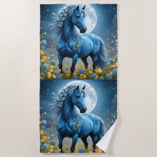 Toalha De Praia Azul Fantasia Flores de Lua de Cavalo Mágico,