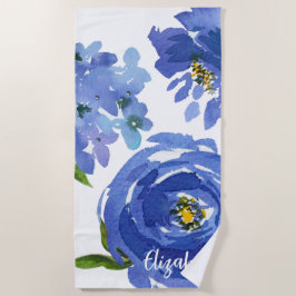Toalha De Praia Azul-Floral Elegante Aquarela Personalizada