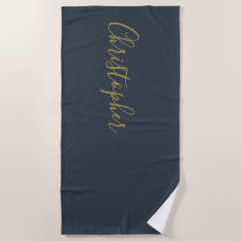 Toalha De Praia Azul Marinho Dourado Nome Personalizado Script Min