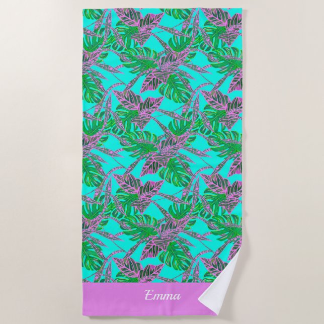 Toalha De Praia Azul tropical, verde, nome inicial, praia moderna (Frente)