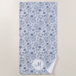 Toalha De Praia Azul Vintage Floral Patterno Monograma Beach Towel