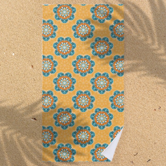 Toalha De Praia Azulejo Floral Mandala em Laranja e Teal (Criador carregado)