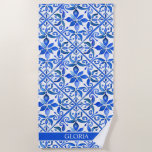 Toalha De Praia Azulejos de Talavera Espanhol presentes para madri<br><div class="desc">Azulejo Talavera Espanhol azulejos mexicanos elegantes presentes de casamento monograma nome personalizado toalha de praia, cores vibrantes negros festa noiva favorece presentes de damas de honra para ela</div>