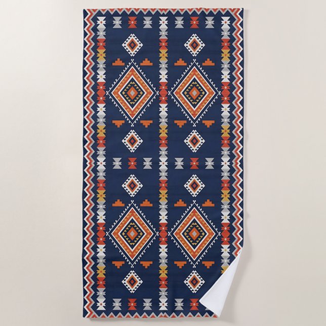 Toalha De Praia Azure Navy and Terracotta Geometric Tribal (Frente)