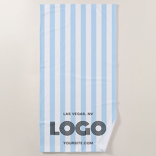 Toalha De Praia Baby Blue and White Classic Stripe Logo (Frente)
