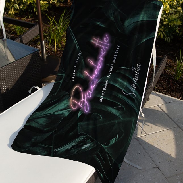 Toalha De Praia Bacharelada Palmas Tropicais Neon | Monograma (Criador carregado)