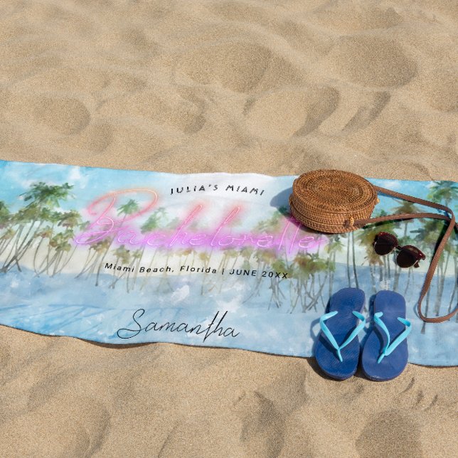 Toalha De Praia Bachelorette Tropical Palms Neon | Monograma (Criador carregado)