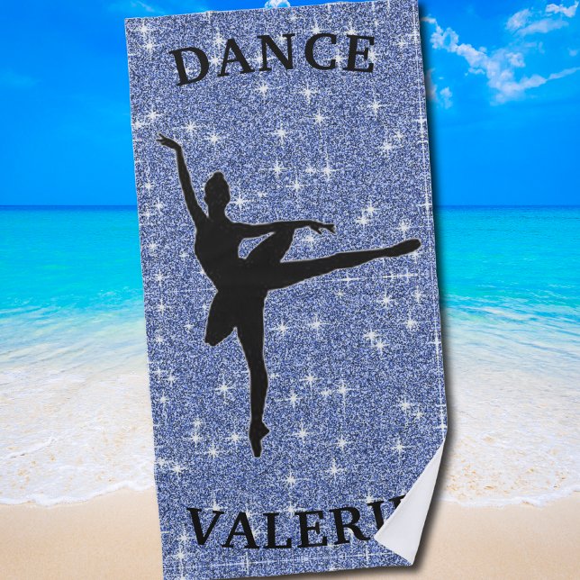 Toalha De Praia Ballerina Dance Beach Towel com nome (Blue Glitter Dance beach towel for Girls and Dance Lovers)
