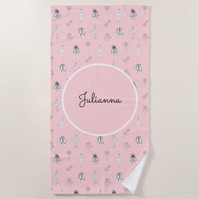 Toalha De Praia Ballerina rosa e flores (Frente)