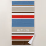 Toalha De Praia Bandas brancas azuis-escuras-escuras-escuras-branc<br><div class="desc">Desfrute de um conforto total na praia ou sentada ao lado do polo, e legal e seca com esta toalha de praia divertida, colorida e confortável. Saia na areia com este belo padrão simples e contemporâneo de listras, azul náutico, castanho escuro, vermelho e branco. Com espaço para personalizar com o...</div>