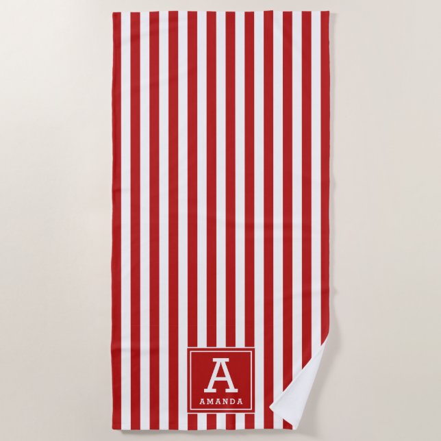 Toalha De Praia Bandas de Cabana Vermelha e Branca Monograma Inici (Frente)