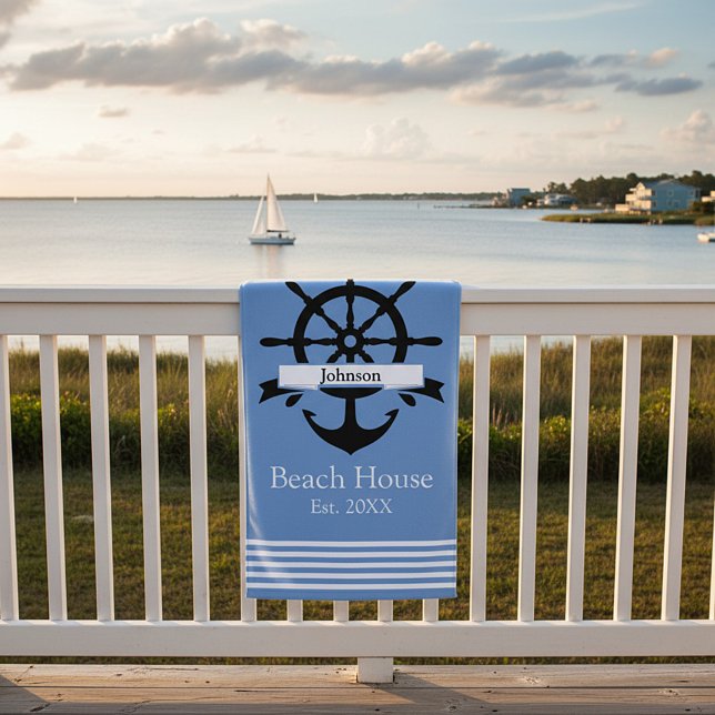 Toalha De Praia Bandas de faixa branca e âncora personalizadas (Criador carregado)