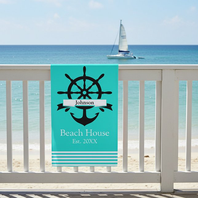 Toalha De Praia Bandas de faixa branca e âncora personalizadas (Criador carregado)