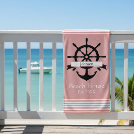 Toalha De Praia Bandas de faixa branca e âncora personalizadas