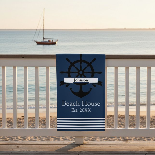 Toalha De Praia Bandas de faixa branca e âncora personalizadas (Criador carregado)