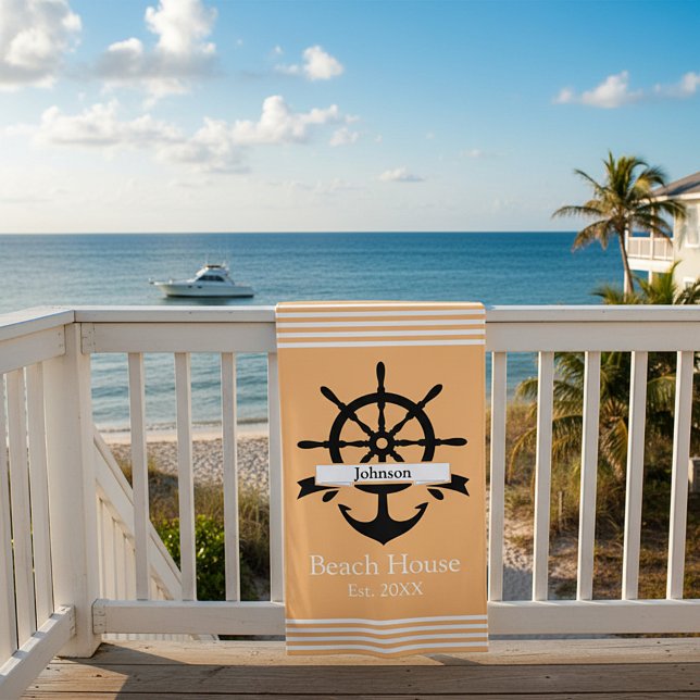 Toalha De Praia Bandas de faixa branca e âncora personalizadas (Criador carregado)