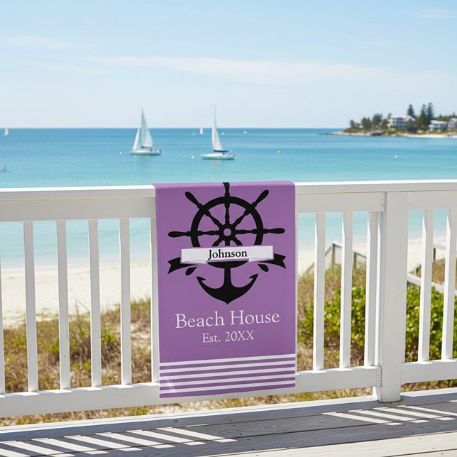 Toalha De Praia Bandas de faixa branca e âncora personalizadas (Criador carregado)