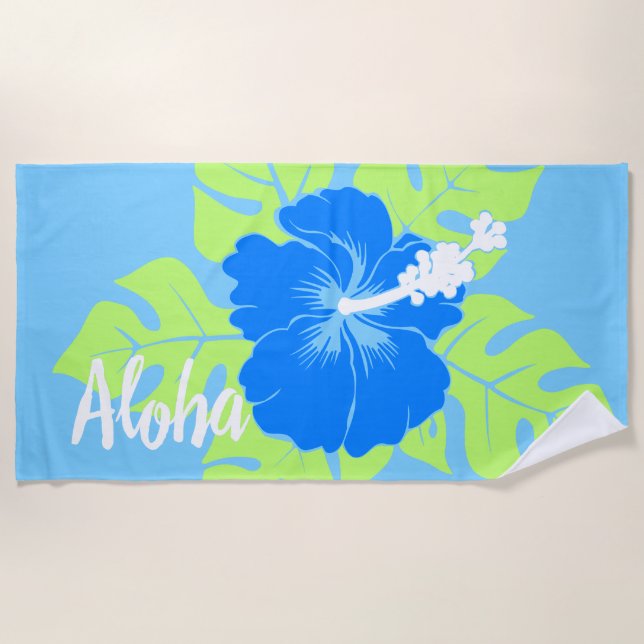 Toalha De Praia Banzai Beach Hawaiian Hibiscus Floral - Azul (Frente)