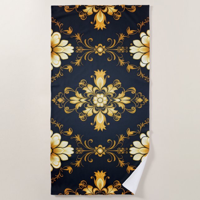 Toalha De Praia "Barockes Ornament-Muster in Gold und Schwarz" (Frente)