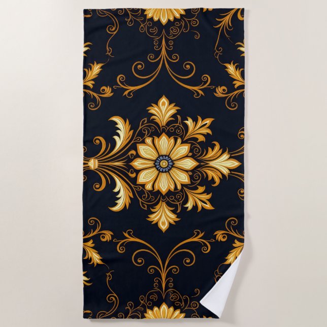 Toalha De Praia "Barockes Ornament-Muster in Gold und Schwarz" Dec (Frente)