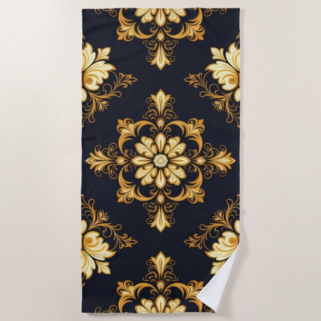 Toalha De Praia "Barockes Ornament-Muster in Gold und Schwarz" Dec (Frente)