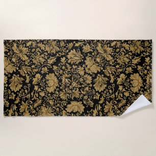 Toalha De Praia Barroco Dourado Floral sobre Preto