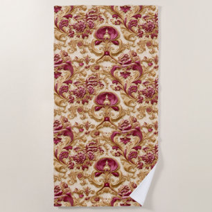 Toalha De Praia Barroco Floral Luxuoso Dourado e Borgonha