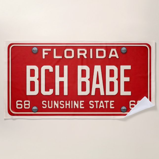Toalha De Praia Beach Babe 1969 | Red Retro Florida License Plate (Frente)