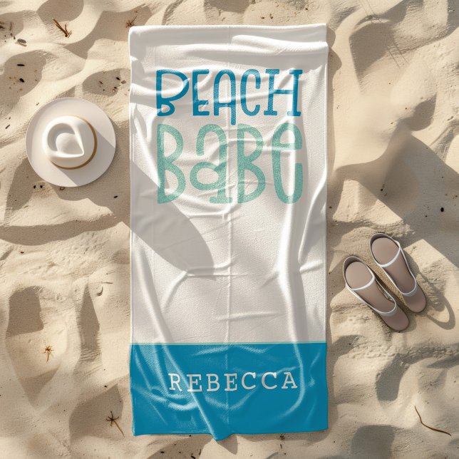 Toalha De Praia Beach Babe Funky Typografia Nome Teal White (Criador carregado)