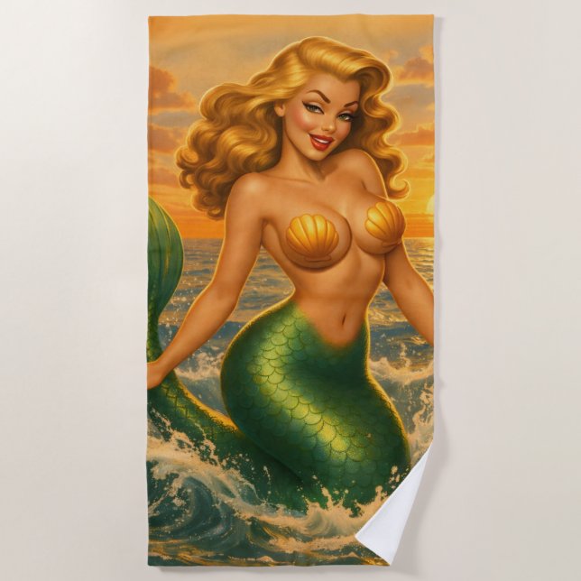 Toalha De Praia Beach Blonde Pin-Up Mermaid | Coastal Mermaidcore  (Frente)