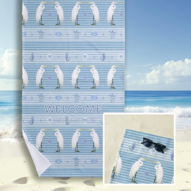 Toalha De Praia Beach Sea Turtle Seahorse Egret Blue Personalized (Criador carregado)
