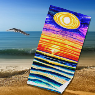 Toalha De Praia Beach Sunset with Waves & Sun, Orange & Blues