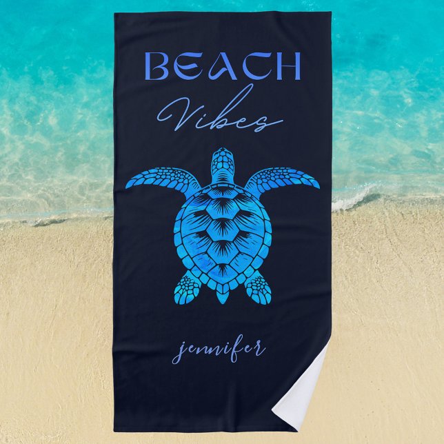 Toalha De Praia Beach Vibes Sea Turtle Blue Personalizado (Beach Vibes sea turtle personalized beach towel)