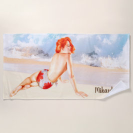 Toalha De Praia Beach Vintage Redhead Pinup Girl and Ocean