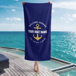 Toalha De Praia Bem-vindo a Bordo Barco Azul Marinho Dourado Âncor
