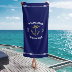 Toalha De Praia Bem-vindo a bordo personalizado Nome do barco Azul