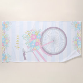 Toalha De Praia Bicicleta Floral Monograma Banhas Pastel Azul Rosa