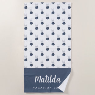 Toalha De Praia Biquíni de aquarela azul e branco personalizado pr