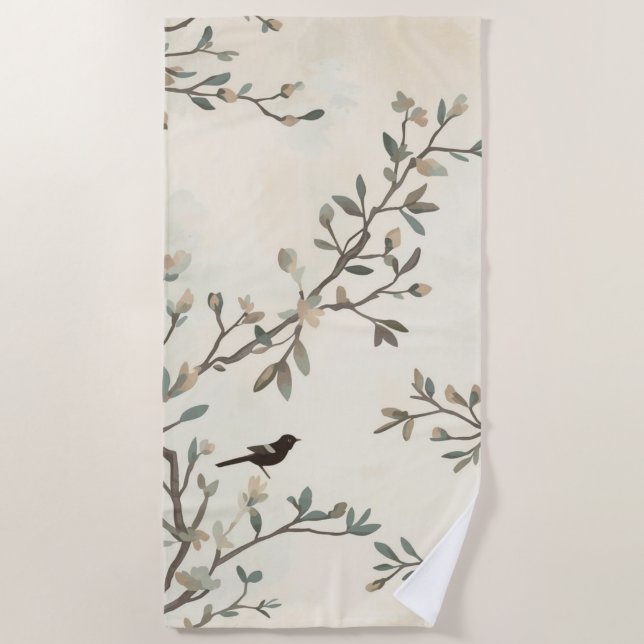 Toalha De Praia Bird Branch Watercolor Beige Nature Painting (Frente)