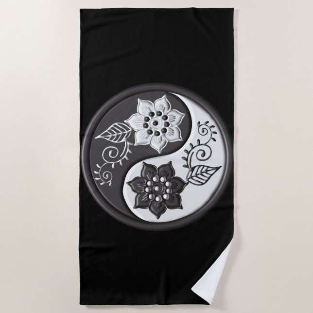 Toalha De Praia Black and Silver Floral Yin Yang (Frente)
